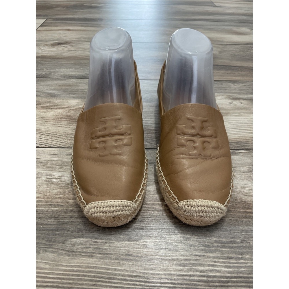 Tory Burch Women's Tan Leather Logo Espadrille Slip-On Flats Round Toe 8